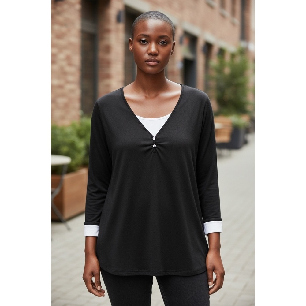 St Johns Bay Womens XL Black Long Sleeve V Neck Ruched Button Front Top